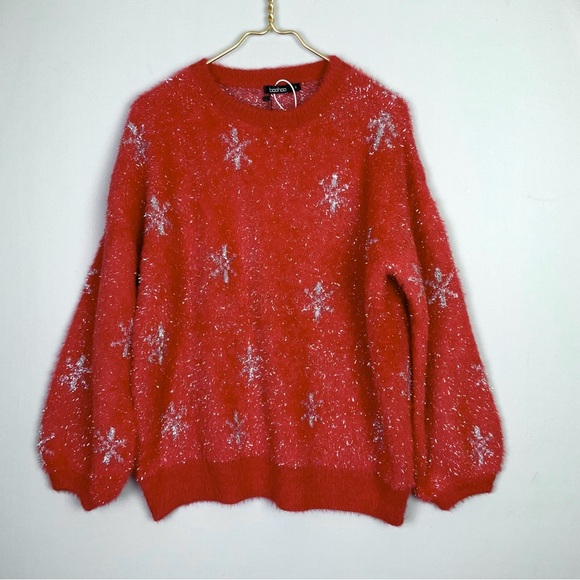 Boohoo Sweaters - NWT Boohoo Small Red Eyelash Tinsel Snowflake Balloon Sleeve Sweater Christmas